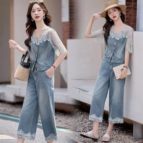 2025夏季新款牛仔蕾丝拼接两件套温柔淑休闲套装HR-YLFS8992