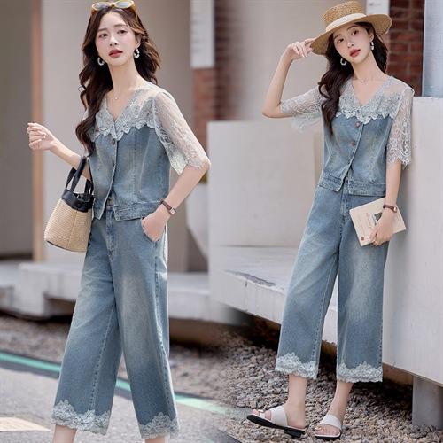 2025夏季新款牛仔蕾丝拼接两件套温柔淑休闲套装HR-YLFS8992 商品图0