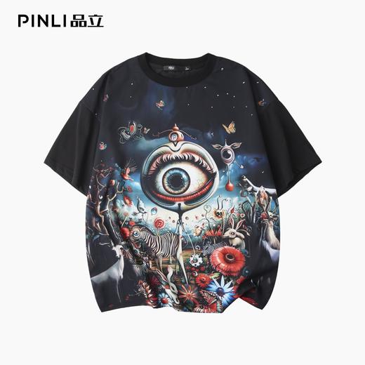 PINLI品立2025夏季新款国潮满印宽松短袖T恤美式男士休闲体恤上衣B252111081 商品图4