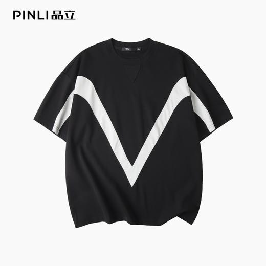 PINLI品立2025夏季新款黑白撞色拼接T恤设计感宽松休闲男短袖上衣B252111083 商品图3