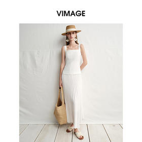 VIMAGE纬漫纪南法温柔拼接压褶裙摆白色吊带连衣裙2025夏季新款V2307917