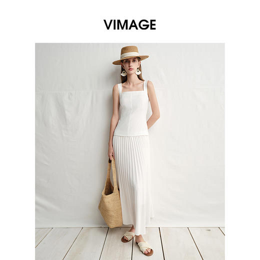 VIMAGE纬漫纪南法温柔拼接压褶裙摆白色吊带连衣裙2025夏季新款V2307917 商品图0