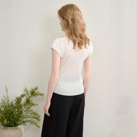 西遇薄款无袖针织衫女夏季新款显瘦翻领小飞袖短款T恤上衣K0050997 商品图4