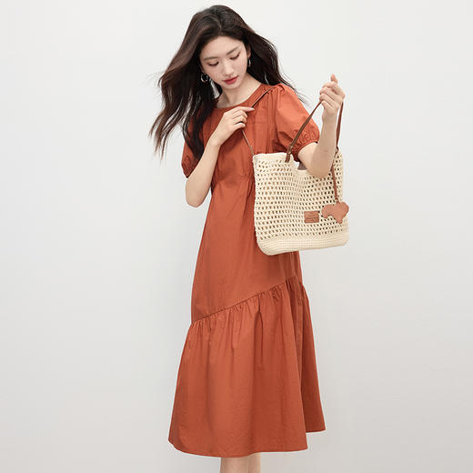 【周四狂欢价】熙世界法式褶皱泡泡袖连衣裙女2025夏天新款收腰显瘦圆领茶歇裙子 商品图3