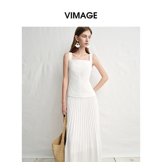 VIMAGE纬漫纪南法温柔拼接压褶裙摆白色吊带连衣裙2025夏季新款V2307917 商品图2
