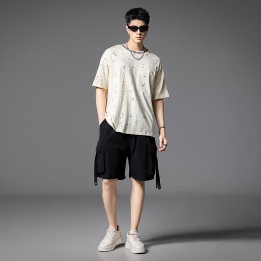 PINLI品立2025夏季新款潮流破洞短袖圆领T恤男士宽松休闲半袖上衣B252111067 商品图4