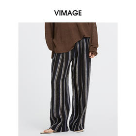 VIMAGE纬漫纪复古老钱风垂坠百搭宽松时尚条纹阔腿裤2025夏季新款V2305943