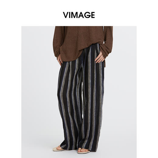 VIMAGE纬漫纪复古老钱风垂坠百搭宽松时尚条纹阔腿裤2025夏季新款V2305943 商品图2