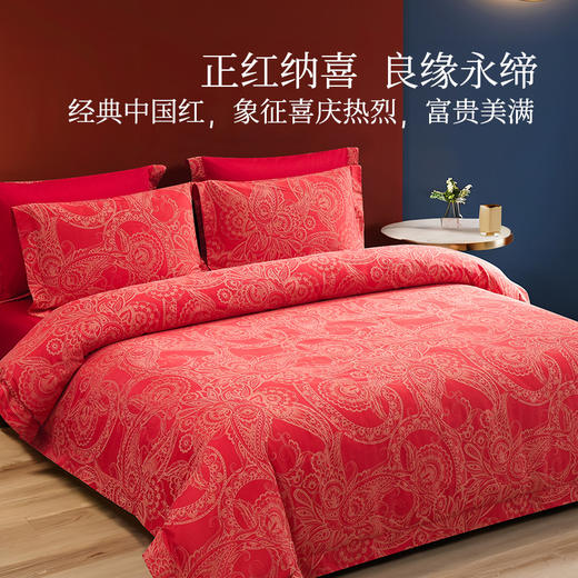 2025年春季新款雅芳婷精梳棉婚庆五件套床笠款新中式刺绣被套套件 商品图1