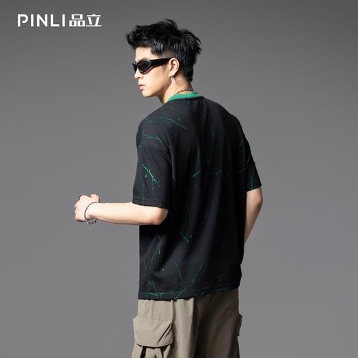 PINLI品立2025夏季新款潮流破洞短袖圆领T恤男士宽松休闲撞色上衣B252111084 商品图2