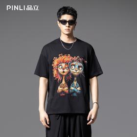 PINLI品立2025夏季新款百搭时尚印花短袖T恤男士潮牌宽松休闲上衣B252111080