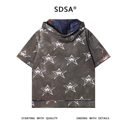 T3521夏季高级感新款男士撞色磨破星星设计连帽短袖T恤高街痞帅上衣 商品图5
