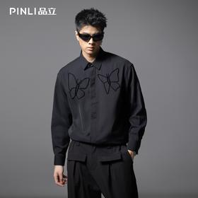 PINLI品立2025夏季新款蝴蝶钉珠长袖衬衫男潮牌宽松休闲衬衣上衣GD252113377
