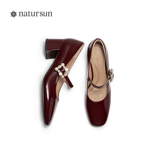 natursun复古红色玛丽珍鞋女软底高跟鞋粗跟通勤单鞋N25424915 商品图3