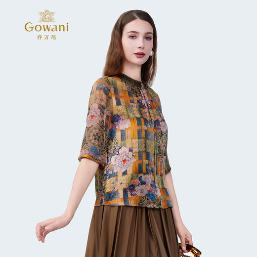 乔万尼新品2025撞色印花真丝小盆领上衣衬衫ED2C425 商品图2