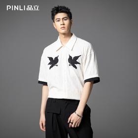 PINLI品立2025夏季新款双鸟贴布绣针织衬衫男士潮牌宽松短袖衬衣B252113063