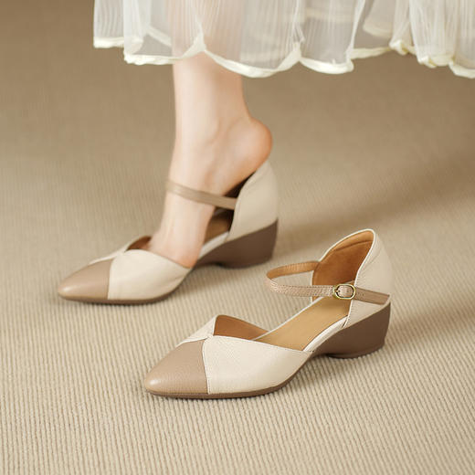 【预售5天】巨好搭~复古软羊皮坡跟包头凉鞋女夏季新款尖头拼色中空单鞋DTN&527-6 商品图3