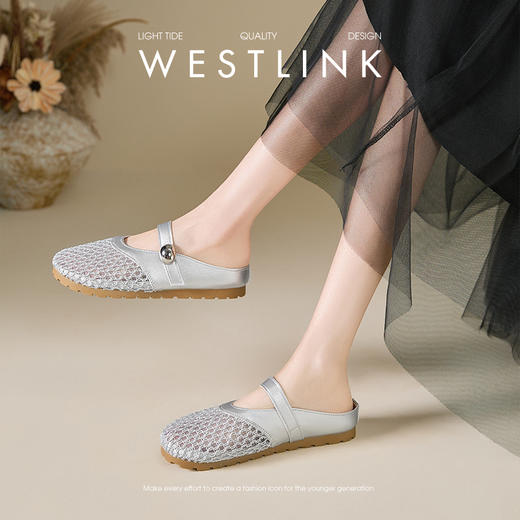 西遇一脚蹬半拖鞋女新款夏季镂空网面包头凉拖银色外穿拖鞋V1256839 商品图2