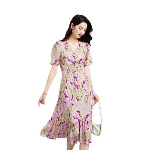 「高货kbnq」全新升级【铂金会员487/天猫659/差价172】(12020)洛诗琳法式真丝印花连衣裙2025夏季V领高腰系带显瘦裙子kbnq12020 商品图4