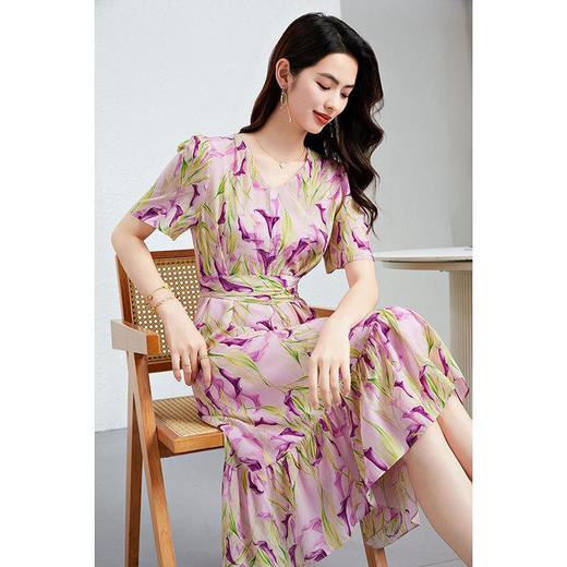 「高货kbnq」全新升级【铂金会员487/天猫659/差价172】(12020)洛诗琳法式真丝印花连衣裙2025夏季V领高腰系带显瘦裙子kbnq12020 商品图1