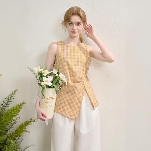 【奶油多巴胺】复古蓝黄格纹衬衫女夏季不规则设计感衬衣V0050802 商品图0