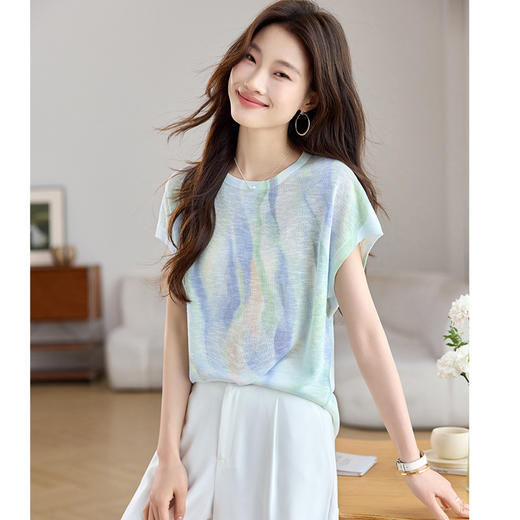 女遮肚子显瘦圆领休闲印花冰丝针织衫CC2767 商品图0