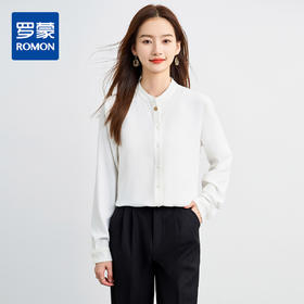罗蒙春夏长袖衬衫女士时髦休闲圆领衬衣女通勤百搭白衬衣上衣