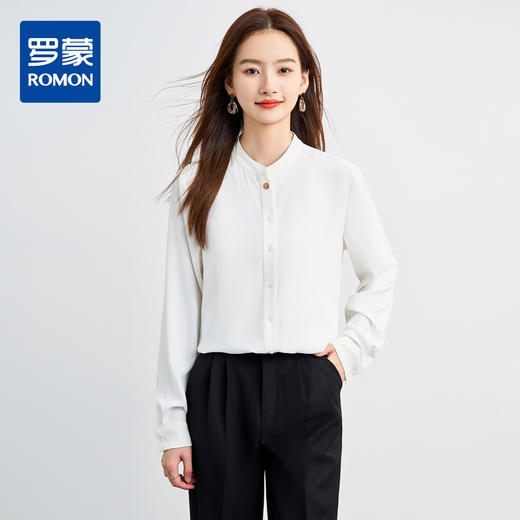 罗蒙春夏长袖衬衫女士时髦休闲圆领衬衣女通勤百搭白衬衣上衣 商品图0