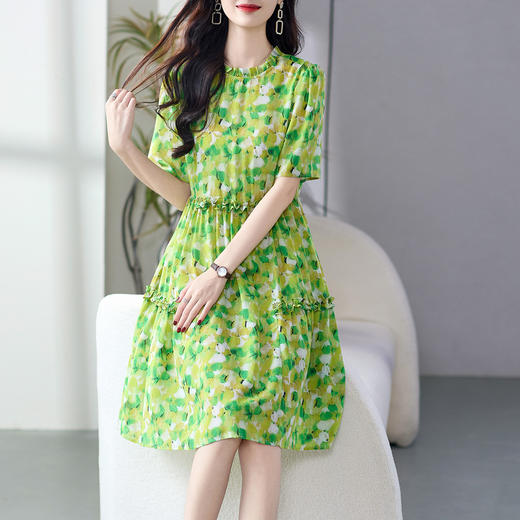 WWM-69519  春夏新款绿色碎花100%桑蚕丝连衣裙今年流行的爆款女装 商品图0