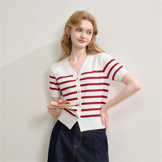 通勤气质黑白条纹撞色短袖针织衫女新款短款V领毛衣V0051037 商品图1