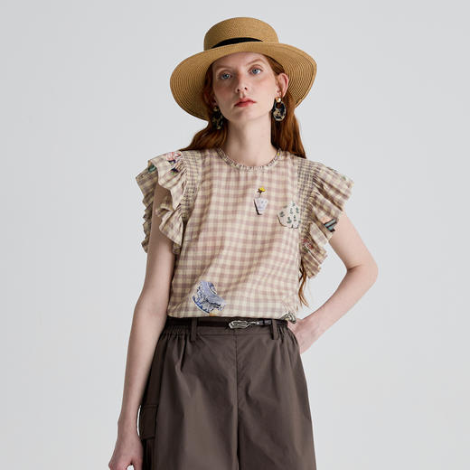 谜底衬衫荷叶袖女2025夏新品复古风通勤合身H型中长上衣252MS0627 商品图0