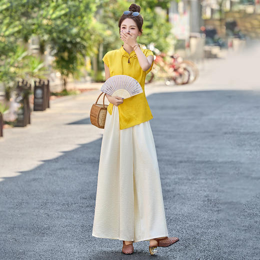 新中式国风套装裤夏装洋气优雅改良立领提花上衣+阔腿裤两件套HR-AQHUI66682 商品图2