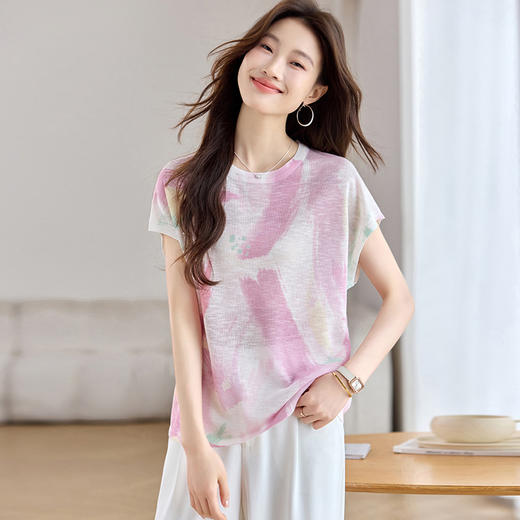 女遮肚子显瘦圆领休闲印花冰丝针织衫CC2767 商品图1