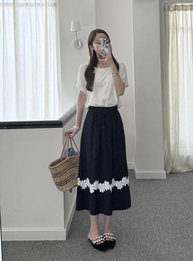 巴黎漫步｜幽蓝蕾丝花边半身裙 全腰松紧设计 藏青色