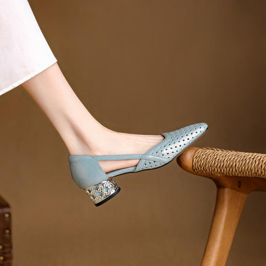 【预售5天】牛皮版~法式气质方头镂空包头凉鞋女真皮复古浅口中空单鞋玛丽珍NJMK&K1609 商品图2