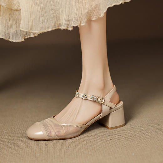 【预售5天】网纱仙女风小花花包头女鞋夏季新款圆头粗跟后空真皮凉鞋AJ&AJ9968 商品图2