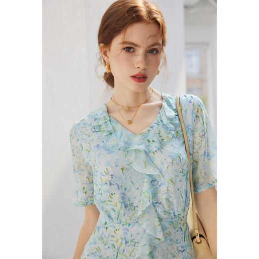 短袖真丝连衣裙女2025春夏新款法式印花收腰年轻款桑蚕丝裙子 商品图1