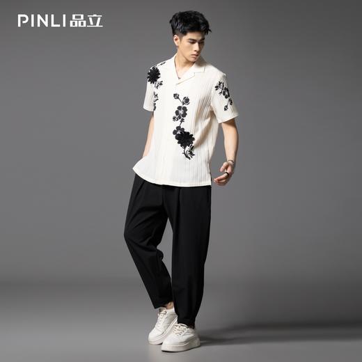 PINLI品立夏季新款国潮印花短袖衬衫男士休闲贴布绣宽松衬衣B252113059 商品图1
