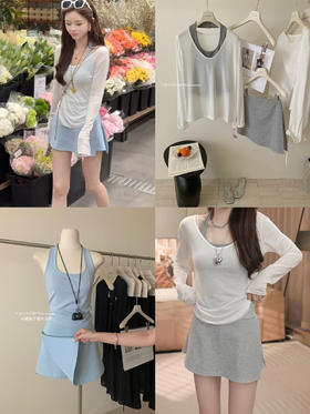 【GZ】无忧购纯欲宽松百搭防晒罩衫T恤+辣妹挂脖露背背心+设计感假两裤裙套装6881#（截单后3-5天发货)