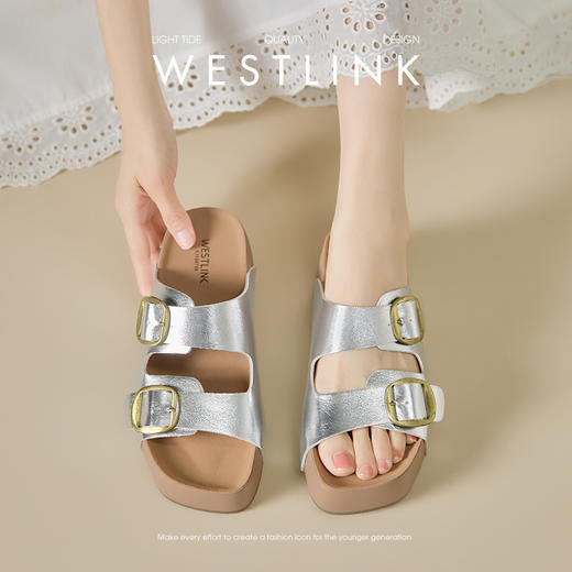 西遇厚底勃肯凉拖鞋女夏季外穿新款沙滩凉鞋软底增高一字拖鞋K1156798 商品图2