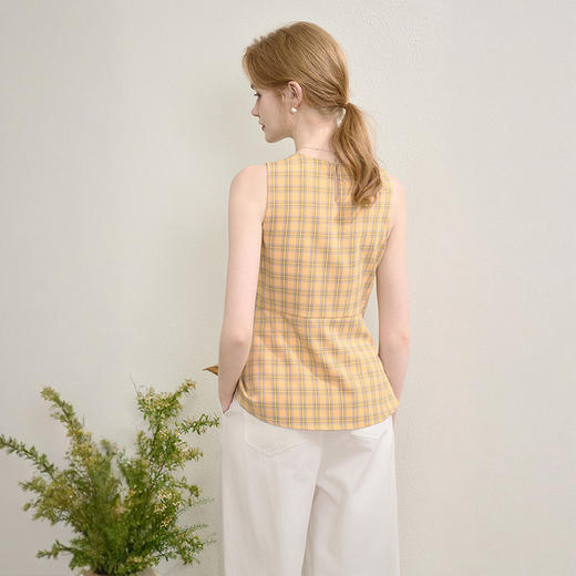 【奶油多巴胺】复古蓝黄格纹衬衫女夏季不规则设计感衬衣V0050802 商品图4