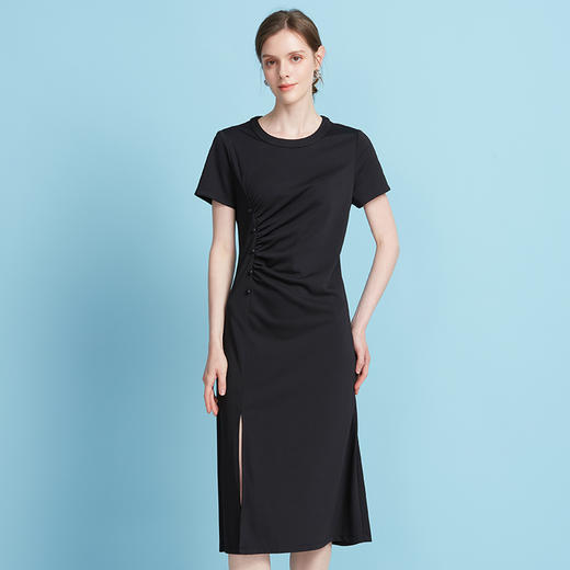 EITIE爱特爱夏季时尚纯色气质捏褶收腰显瘦法式优雅连衣裙7807578 商品图2