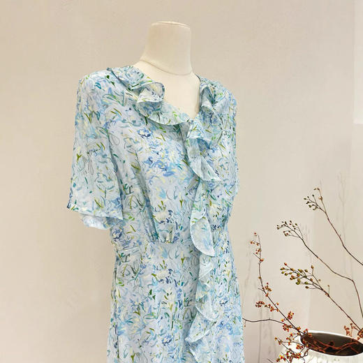 短袖真丝连衣裙女2025春夏新款法式印花收腰年轻款桑蚕丝裙子 商品图2