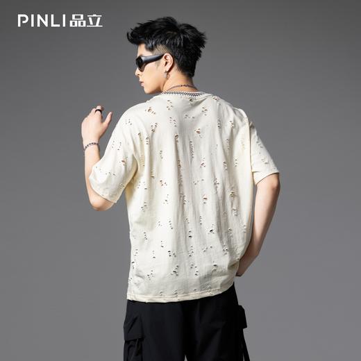 PINLI品立2025夏季新款潮流破洞短袖圆领T恤男士宽松休闲半袖上衣B252111067 商品图2