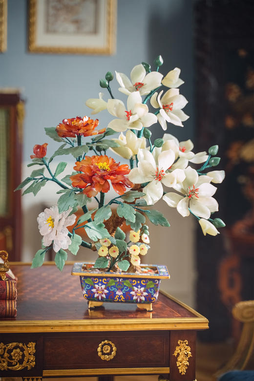 【已售】独角鹿西洋古董 中国出品传统宝相花纹景泰蓝方盆装饰「玉堂富贵」珍宝像生盆景 商品图1