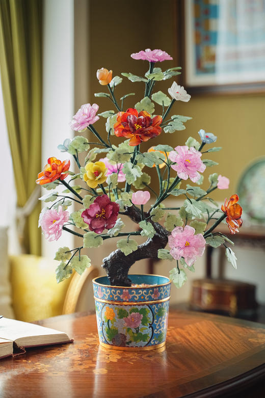 【已售】独角鹿西洋古董 中国出品传统花卉纹景泰蓝盆装饰「富贵牡丹」珍宝像生盆景摆件 商品图0