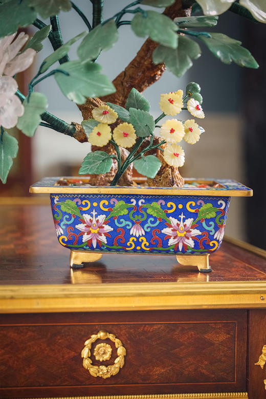 【已售】独角鹿西洋古董 中国出品传统宝相花纹景泰蓝方盆装饰「玉堂富贵」珍宝像生盆景 商品图3