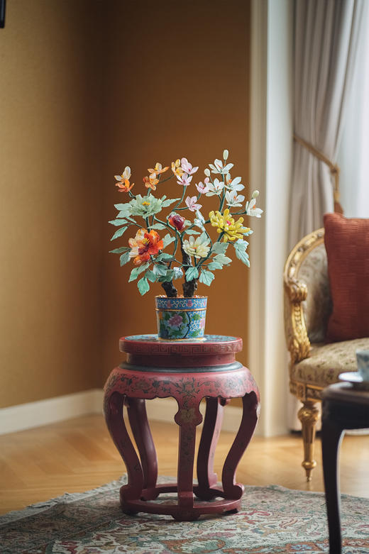 【已售】独角鹿西洋古董 中国出品传统花卉纹景泰蓝盆装饰「寿寿满堂迎福贵」珍宝像生盆景 商品图0