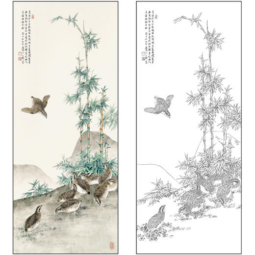 吕大卫花鸟工笔画白描底稿《翠竹鹌鹑》临摹勾线高清打印稿A685 商品图0