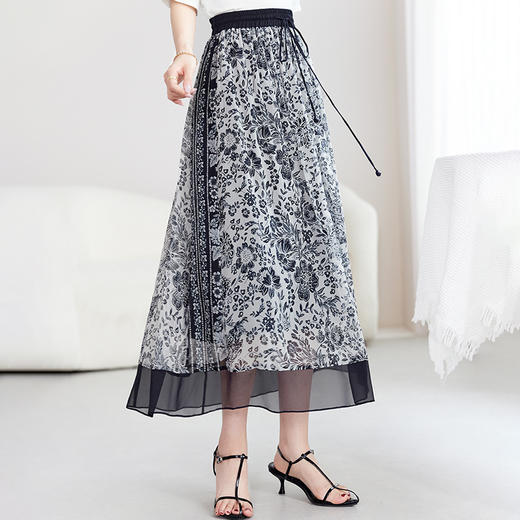 真丝乔其高腰印花中长裙，百搭桑蚕丝半身裙SM-72599992 商品图1